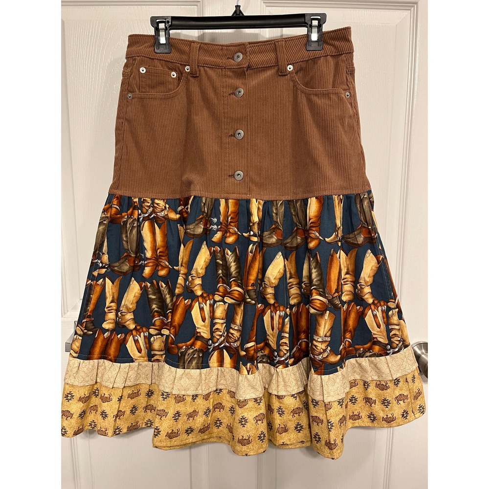 Repurposed Corduroy Western Skirt: Cowboy Boot Print, Size 9